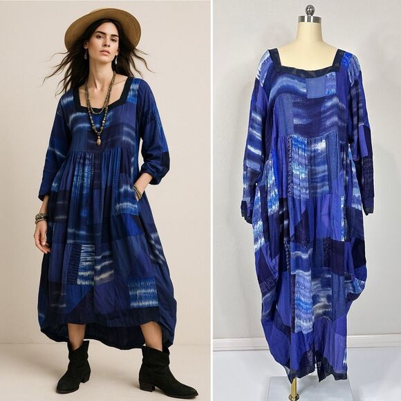 Mina Collection Patchwork Maxi Dress Blue Boho Artsy Oversized XL - Picture 1 of 16